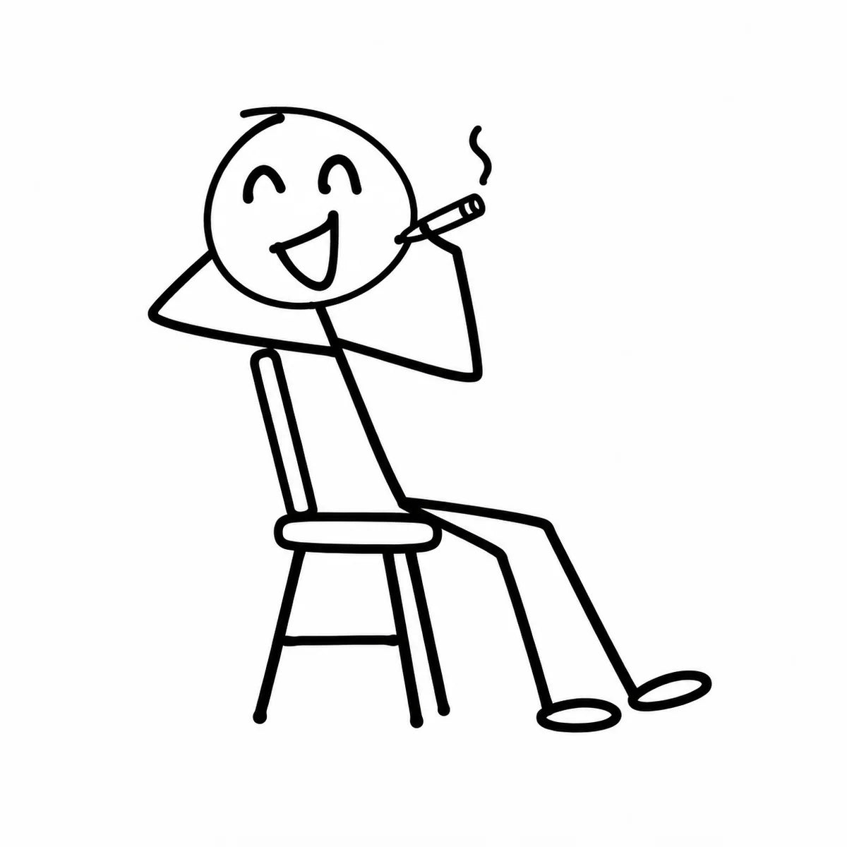 A smiling stick figure leaning back in a chair, one hand behind his head and the other holding a cigar, looking upward.